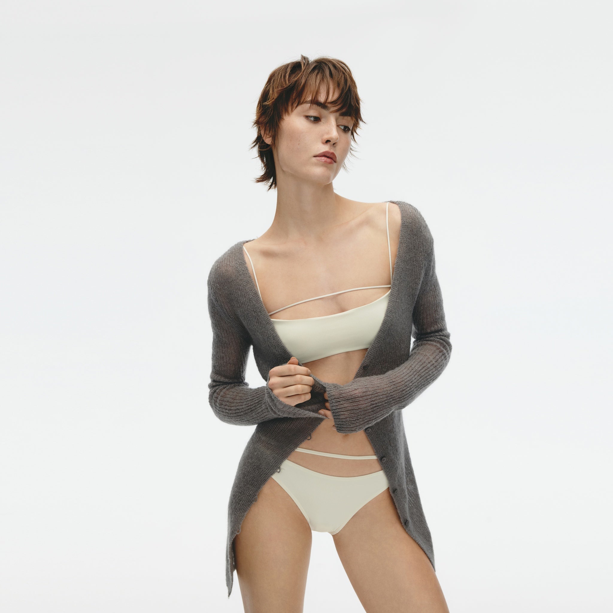 Mohair Blend Deep V-neck Long-sleeved Cardigan,Dove Gray