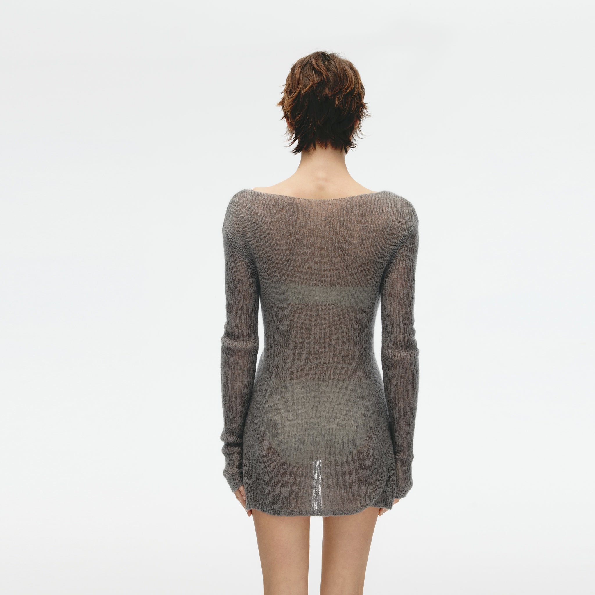 Mohair Blend Deep V-neck Long-sleeved Cardigan,Dove Gray