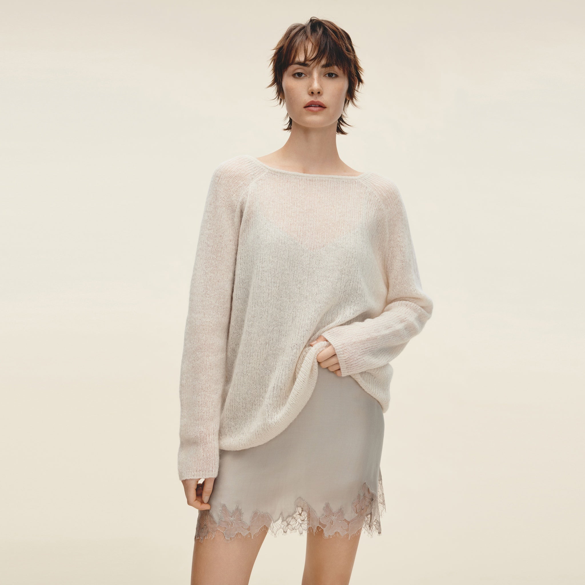 Mohair Blend Boat Neck Oversized Pullover,Nude Pink