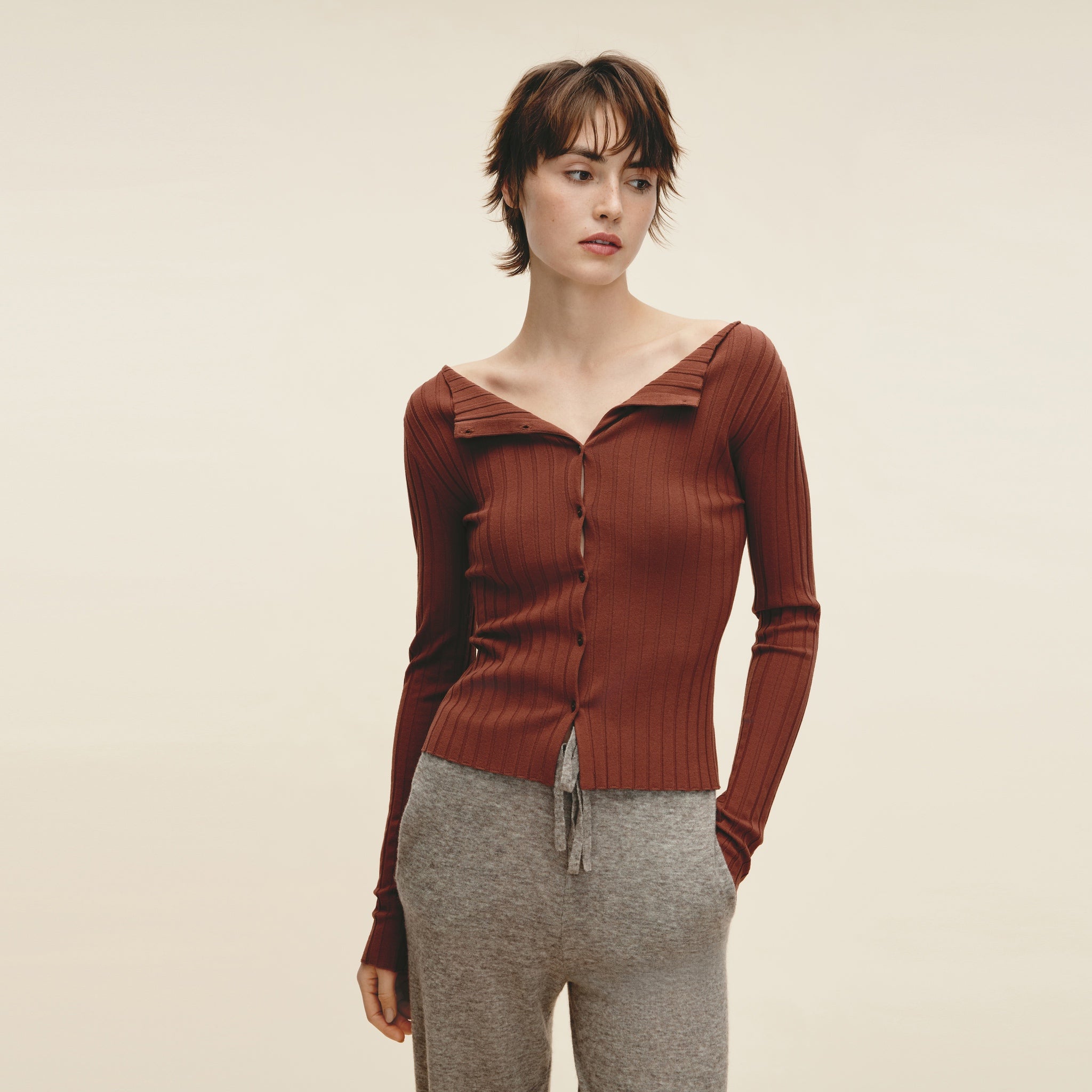 Wool-Blend High-Stretch Ribbed Cardigan,Terracotta