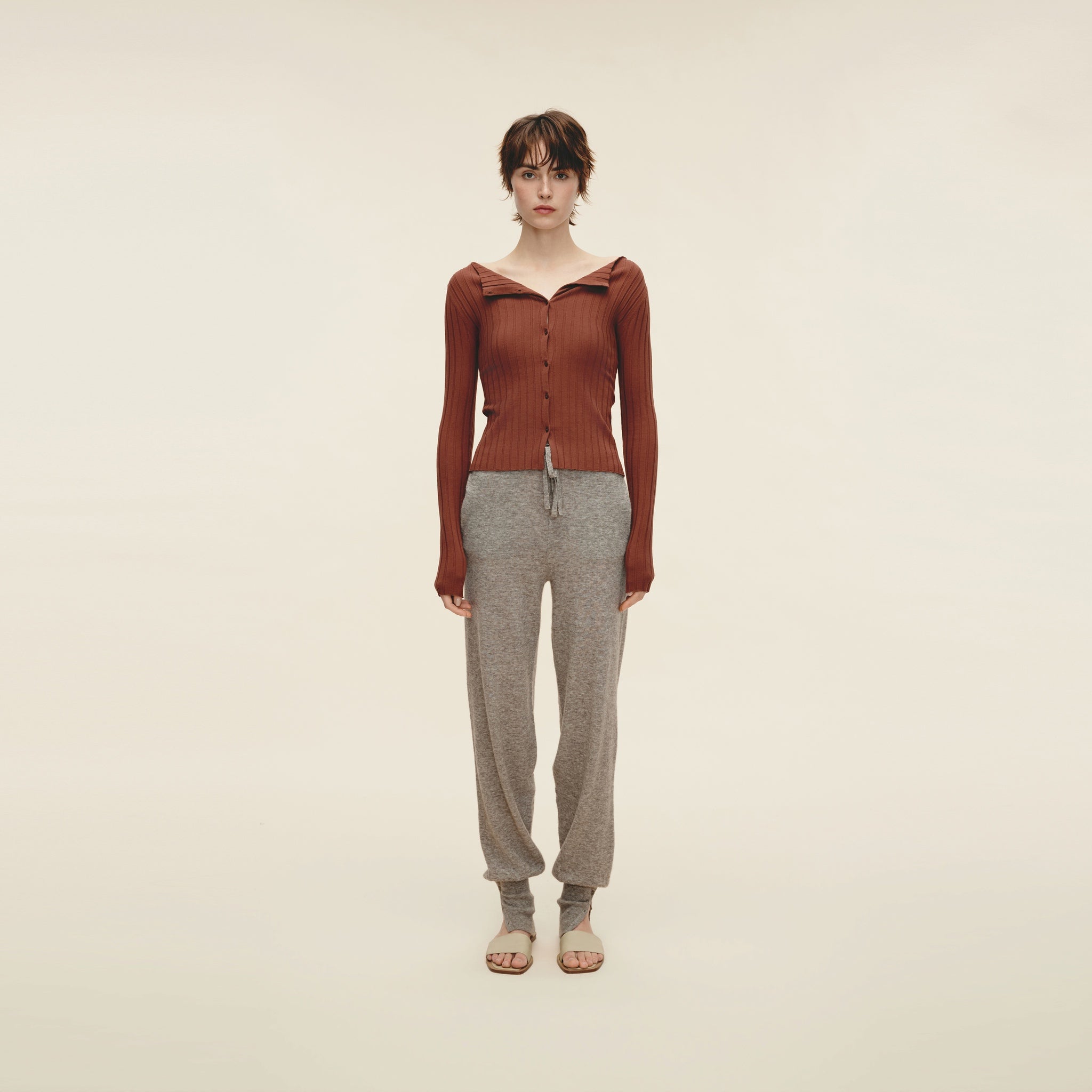 Wool-Blend High-Stretch Ribbed Cardigan,Terracotta