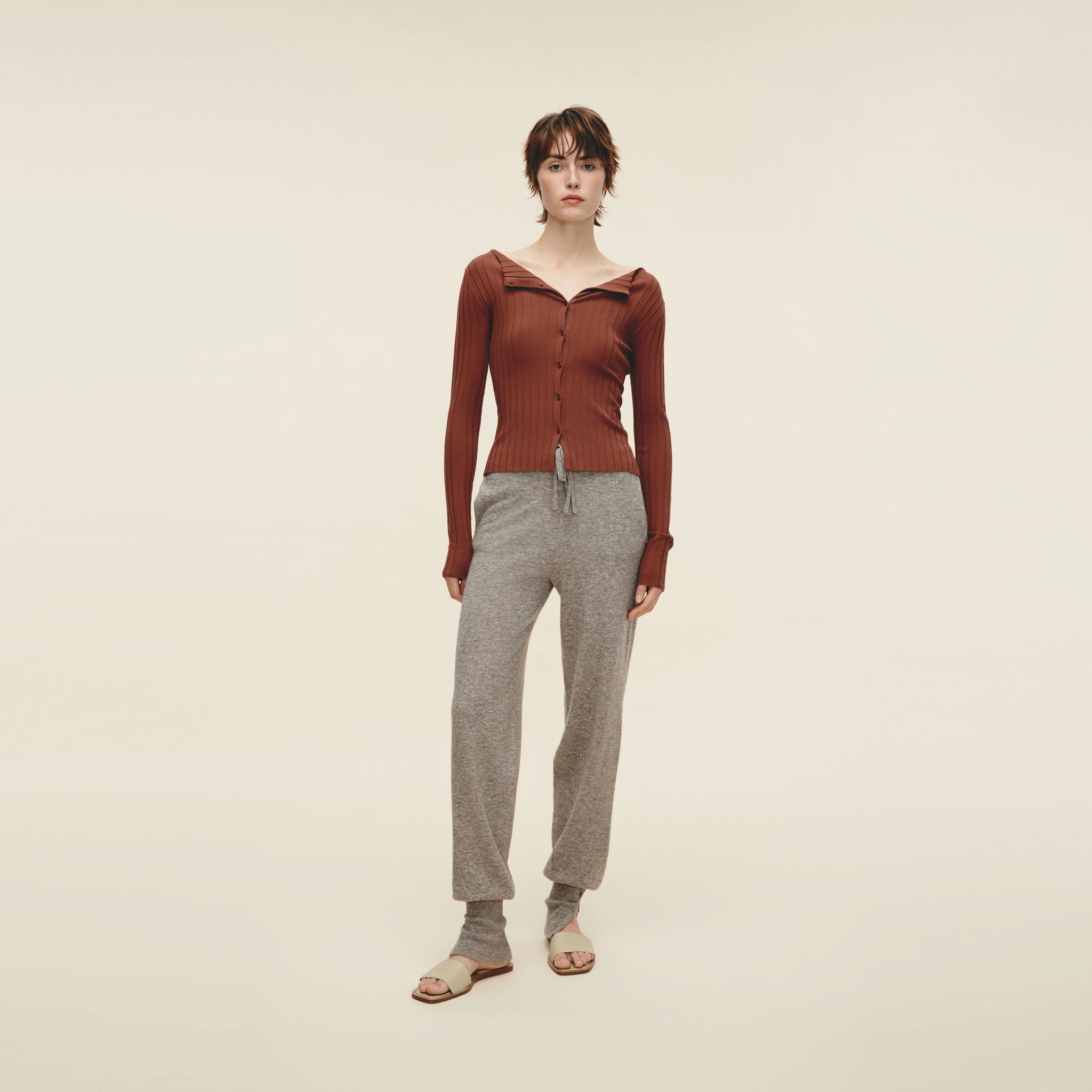 Wool-Blend High-Stretch Ribbed Cardigan,Terracotta