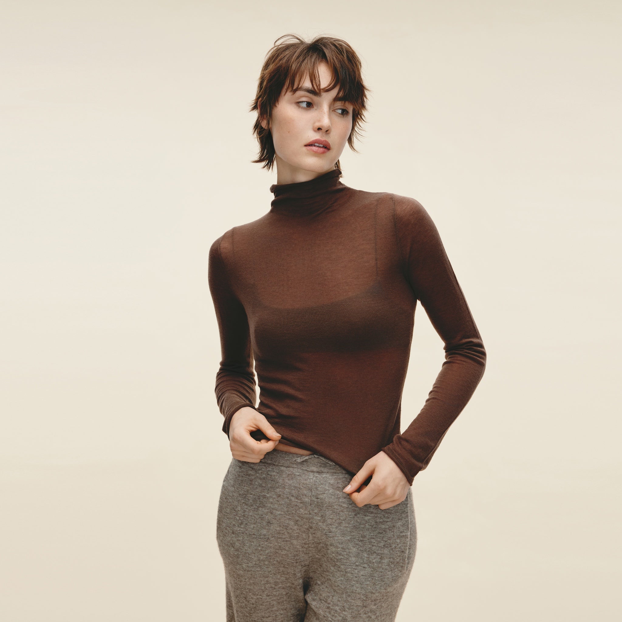 Water-soluble Wool Sheer Turtleneck,Light Khaki
