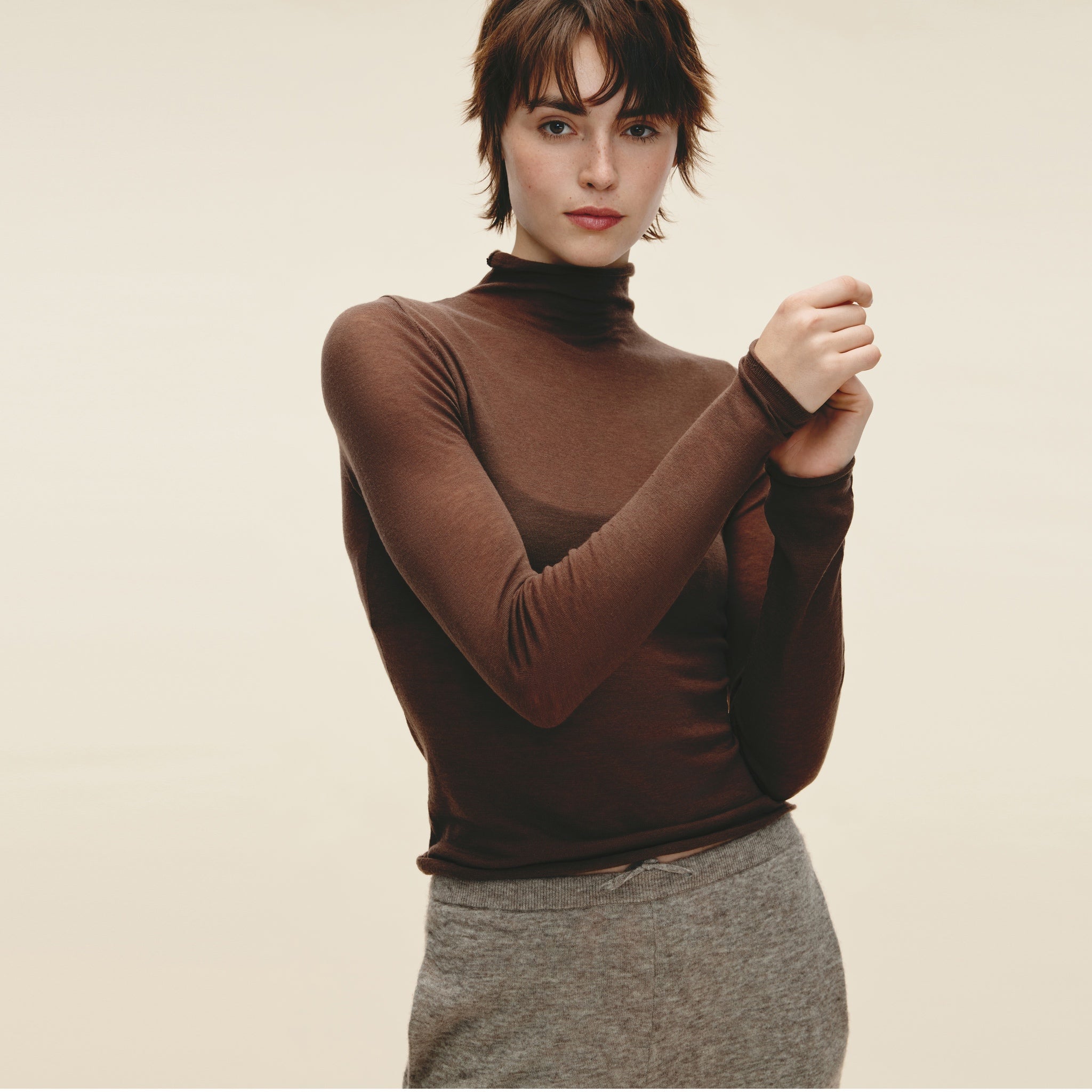 Water-soluble Wool Sheer Turtleneck,Light Khaki