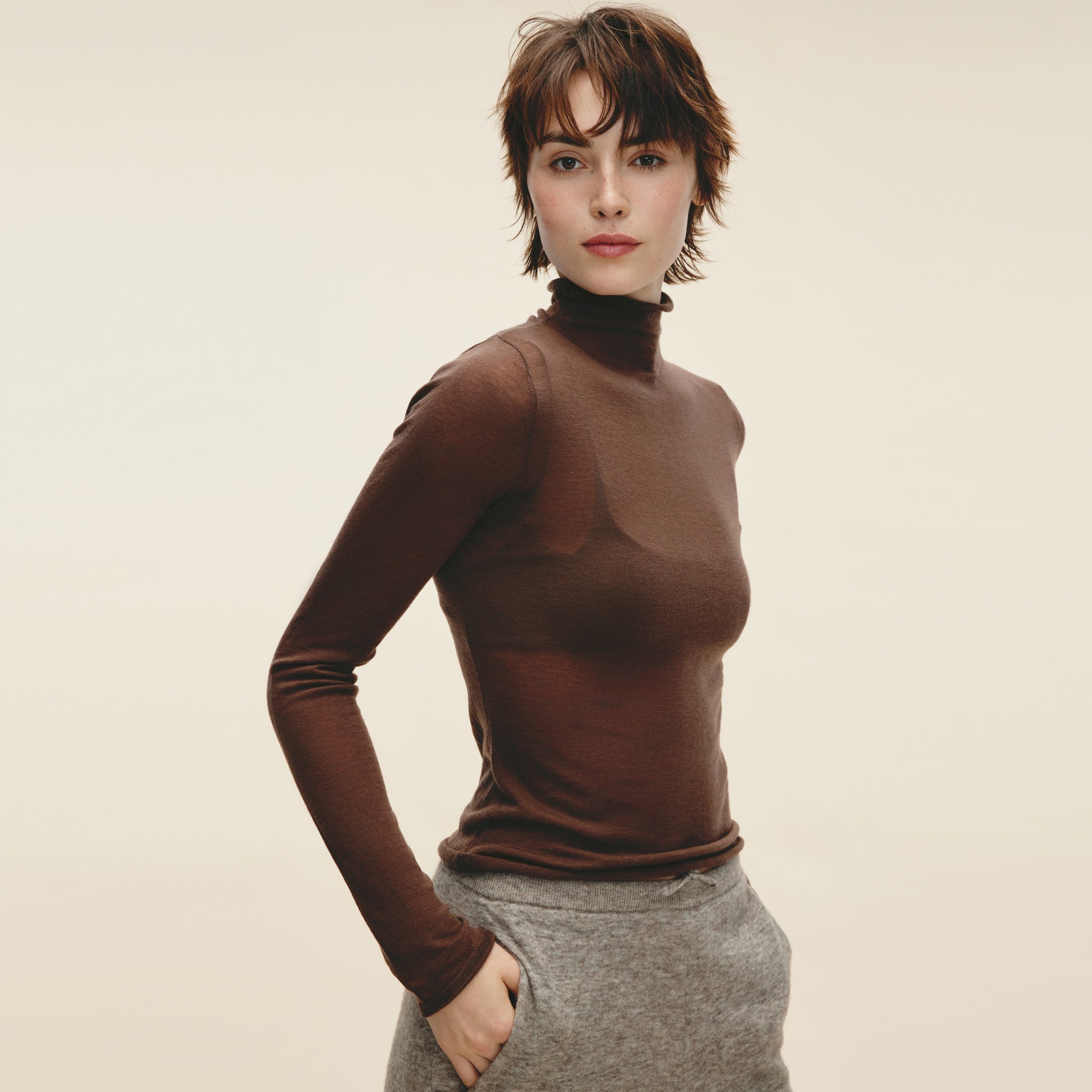 Water-soluble Wool Sheer Turtleneck,Light Khaki
