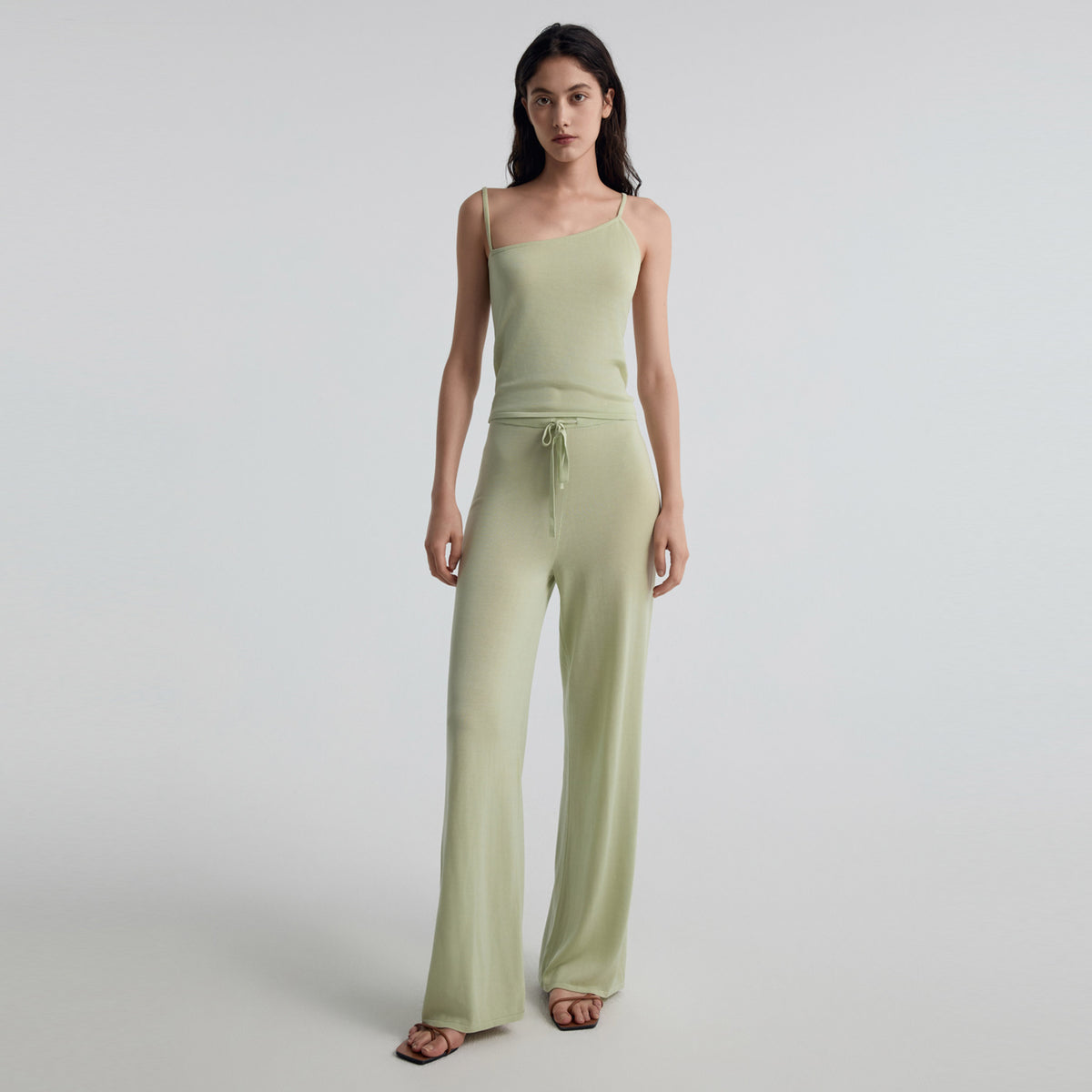 Asymmetric Open-back Knit Camisole, Apple Green