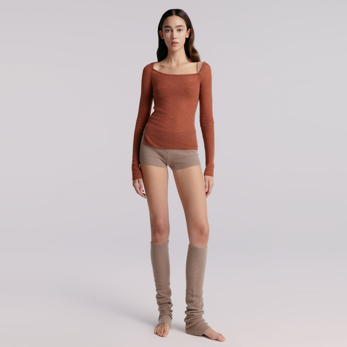 Asymmetric Neckline Sweater,Caramel Brown