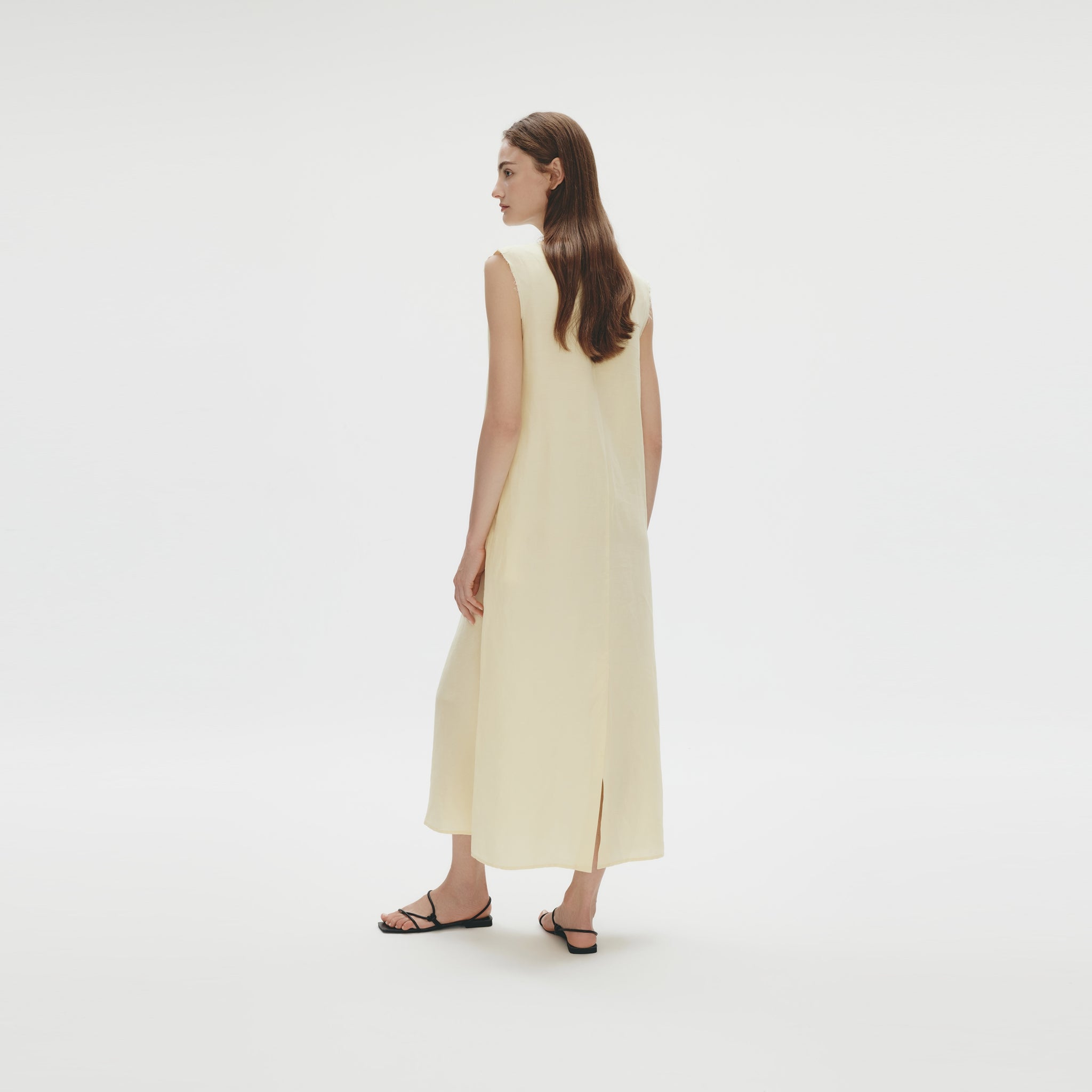 Raw Edge V-neck Sleeveless Maxi Dress,Morning Dew Yellow