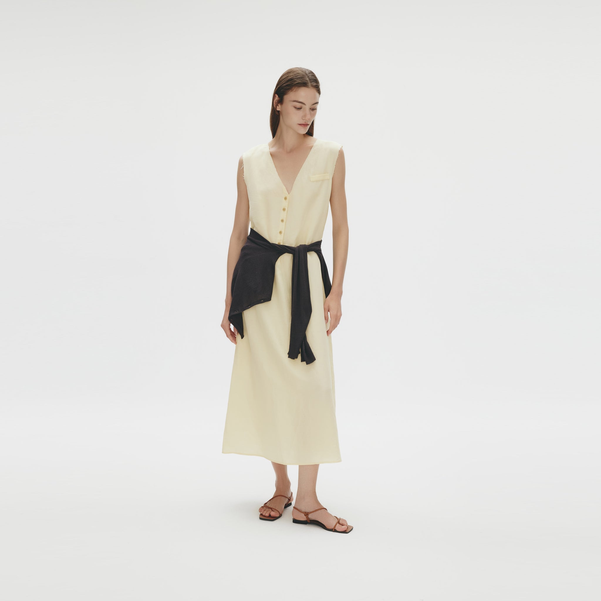 Raw Edge V-neck Sleeveless Maxi Dress,Morning Dew Yellow