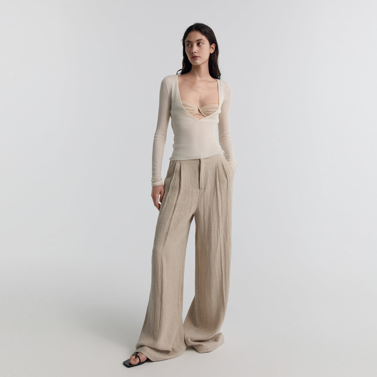 Sheer V-neck Rib Knit Pullover,Cream