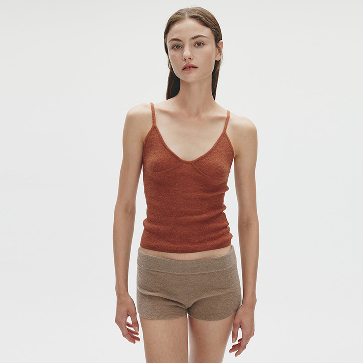 V-neck Knitted Camisole,Caramel Brown
