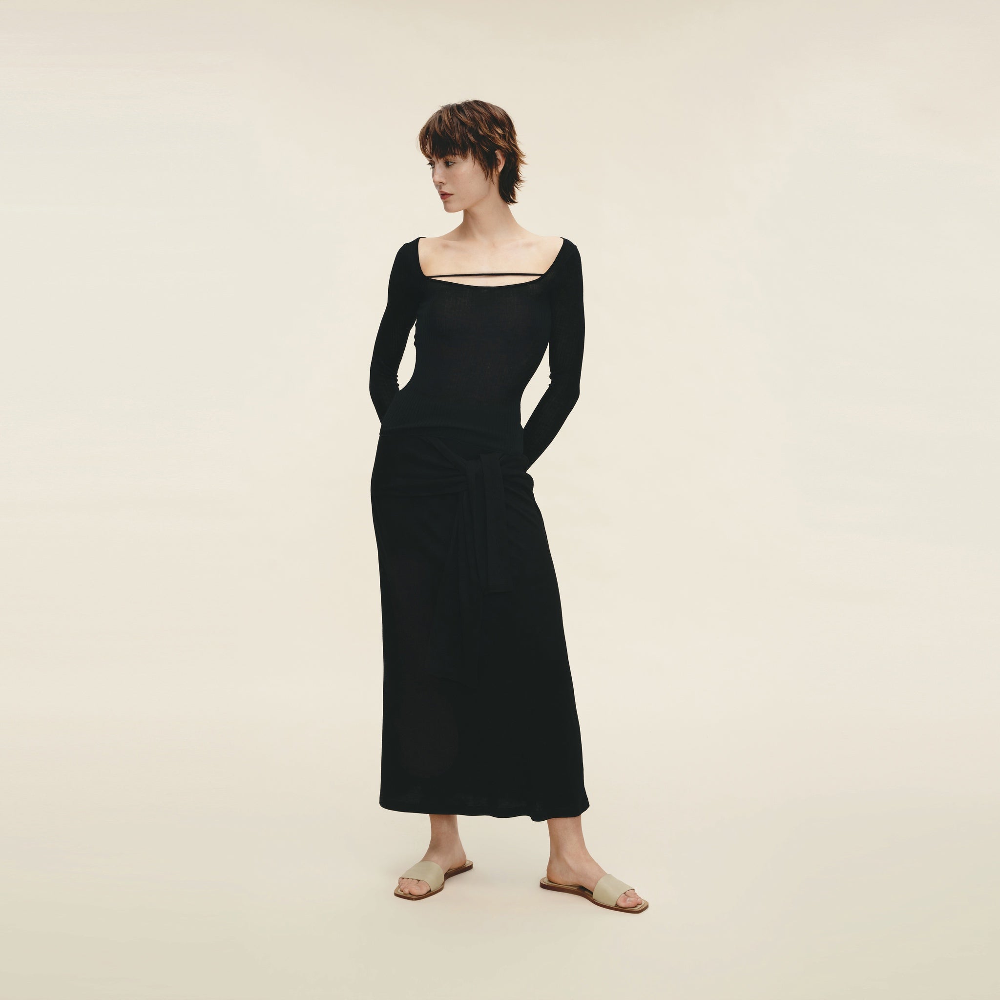 Water-soluble Wool Ribbed Square-neck Pullover,Classic Black