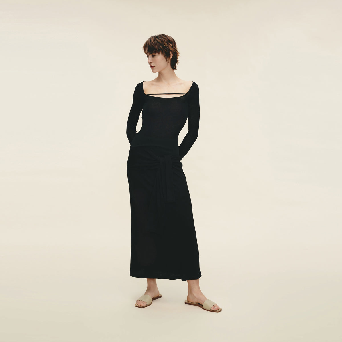 Water-soluble Wool Ribbed Square-neck Pullover,Classic Black