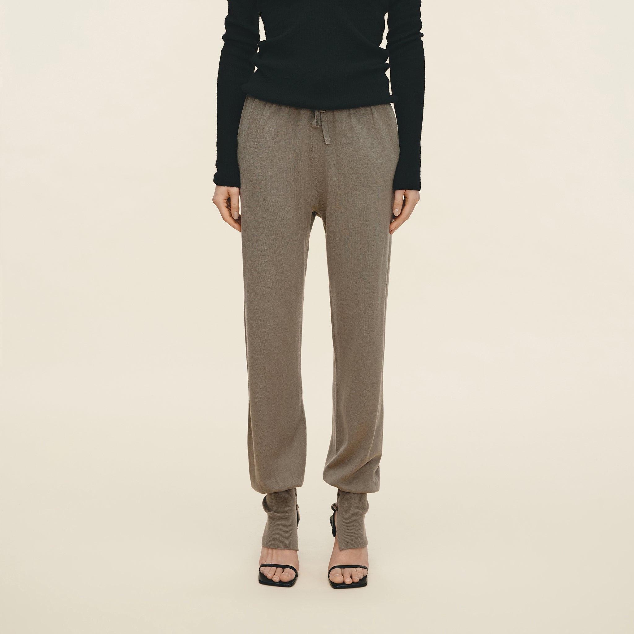 Wool Elastic Drawstring Knit Loose Pants,Charcoal taupe