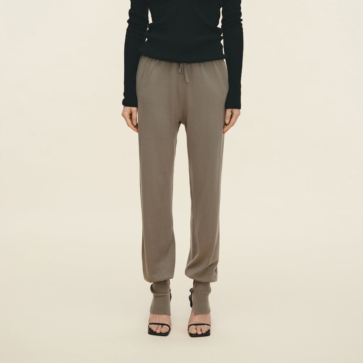 Wool Elastic Drawstring Knit Loose Pants,Charcoal taupe