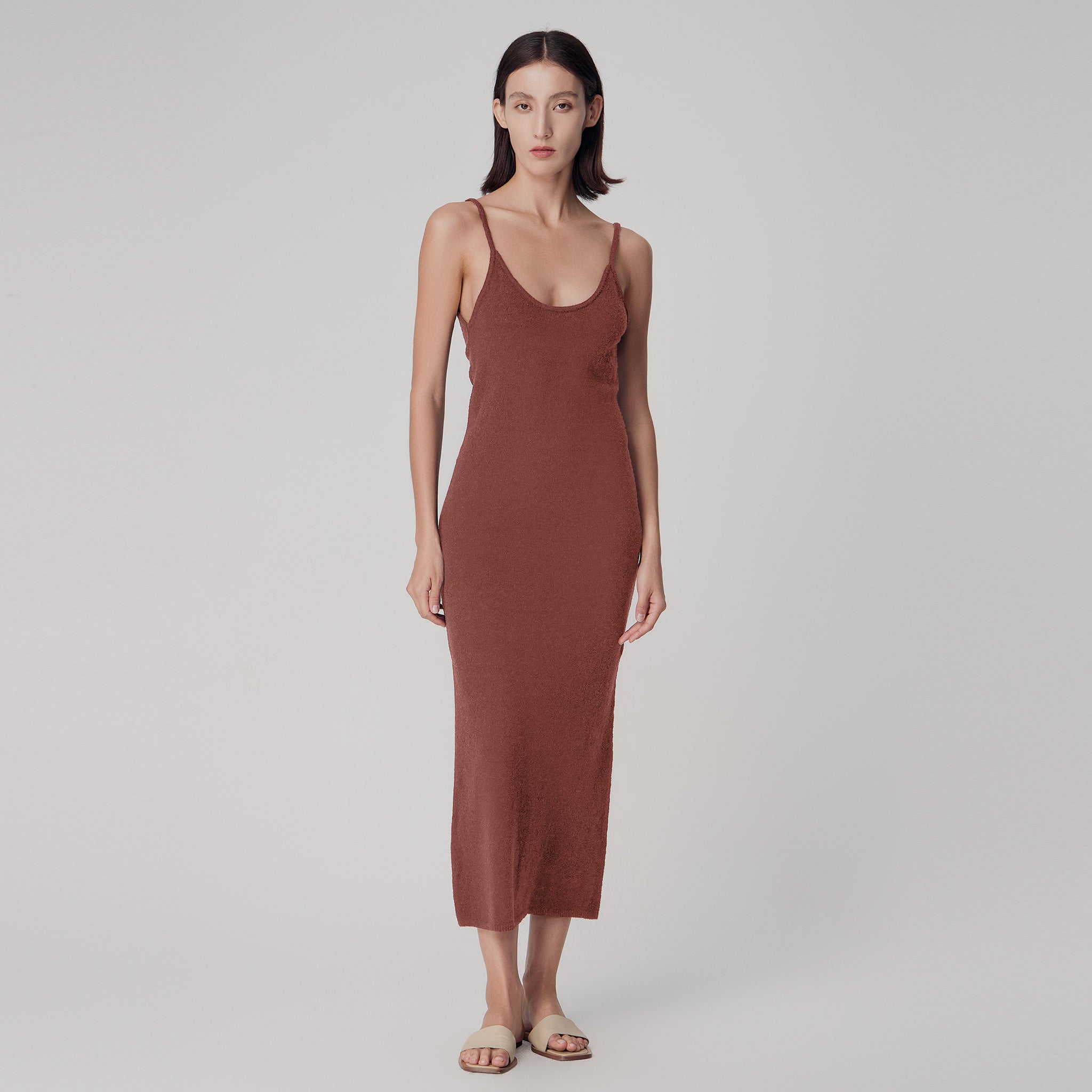 U-Neck Bouclé Knit Slip Dress,Rust