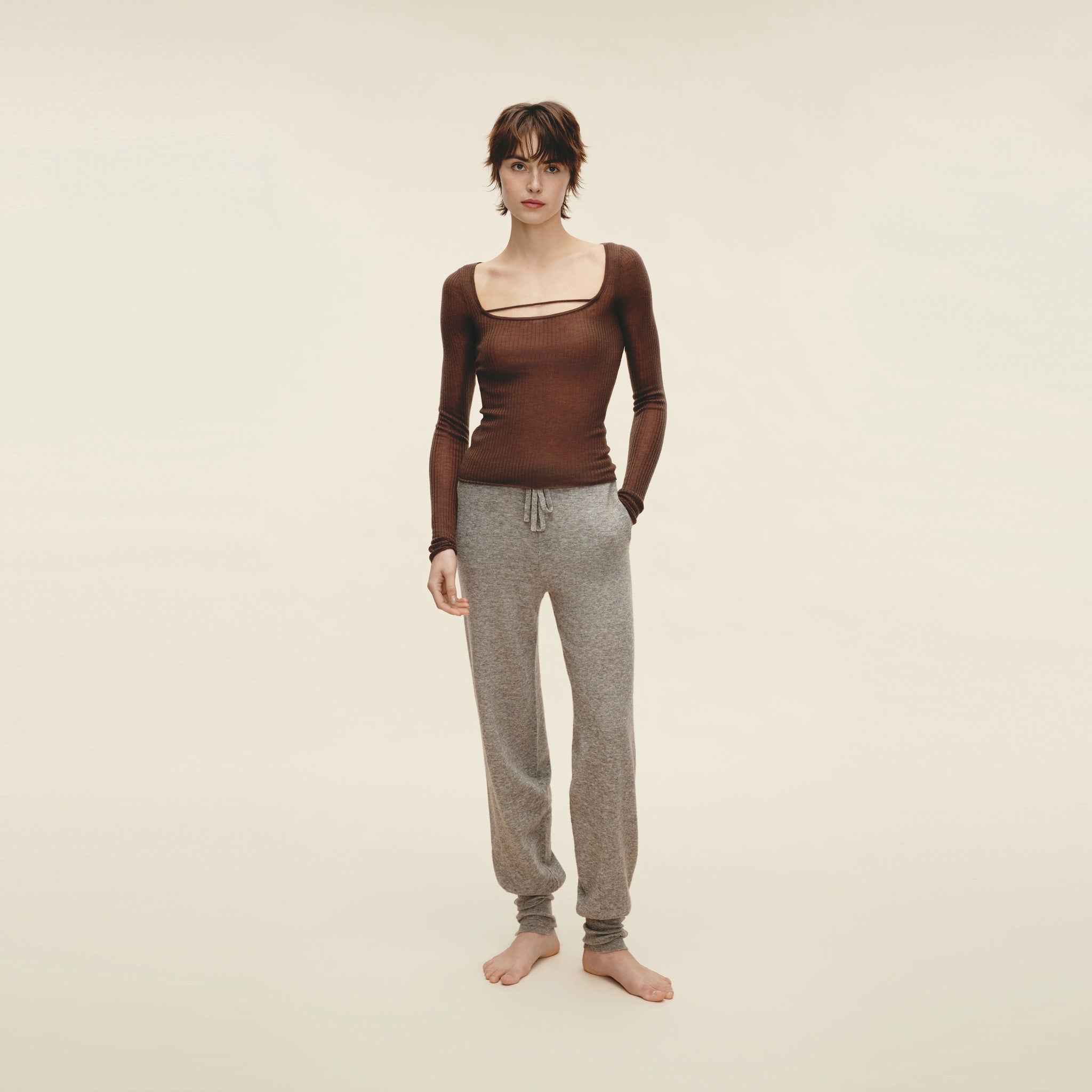 Water-soluble Wool Ribbed Square-neck Pullover,Light Khaki