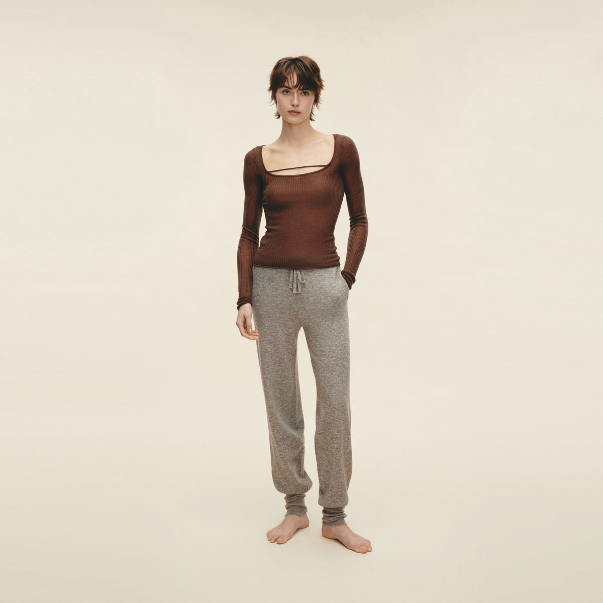 Water-soluble Wool Ribbed Square-neck Pullover,Light Khaki