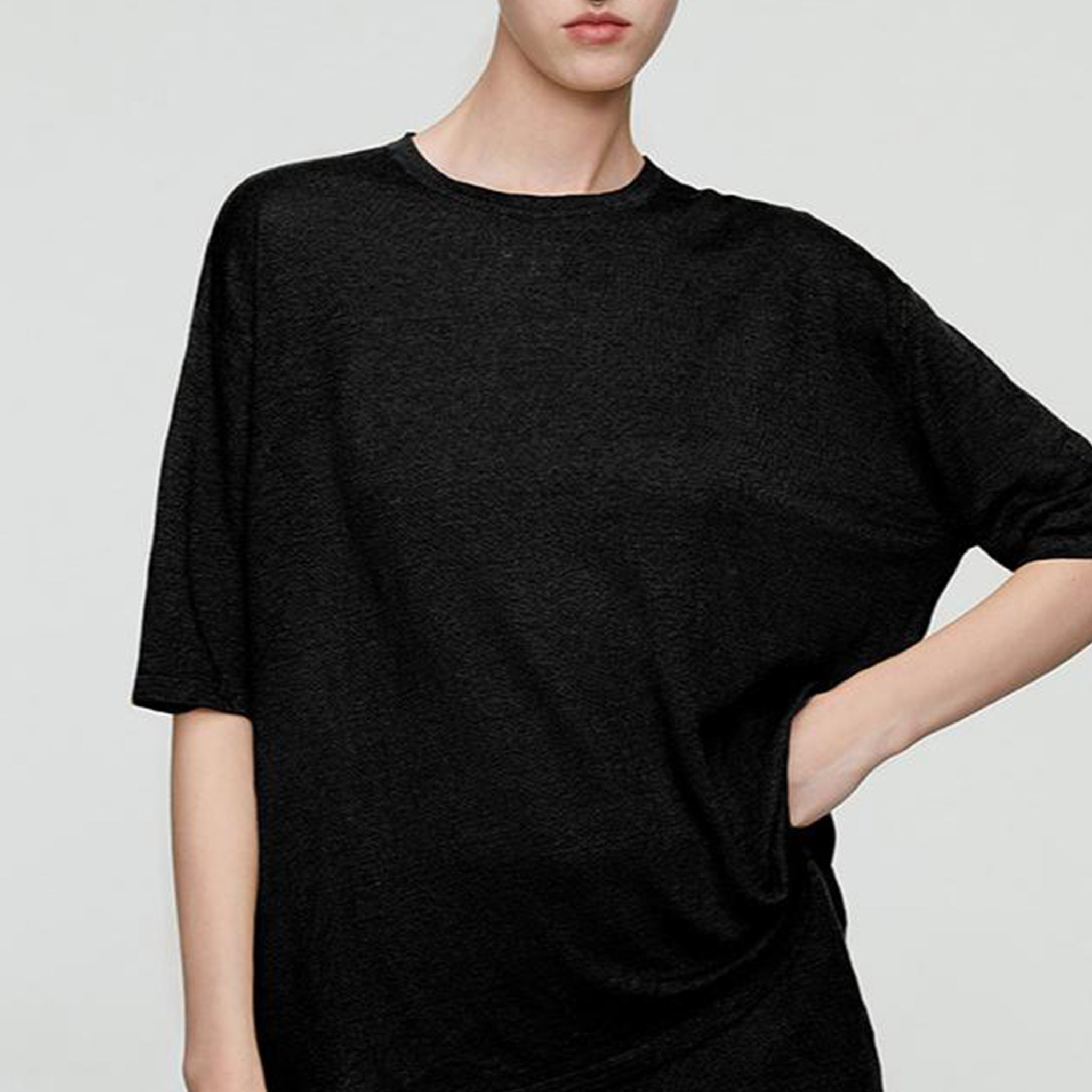 Linen Knit Round-neck T-shirt,Black