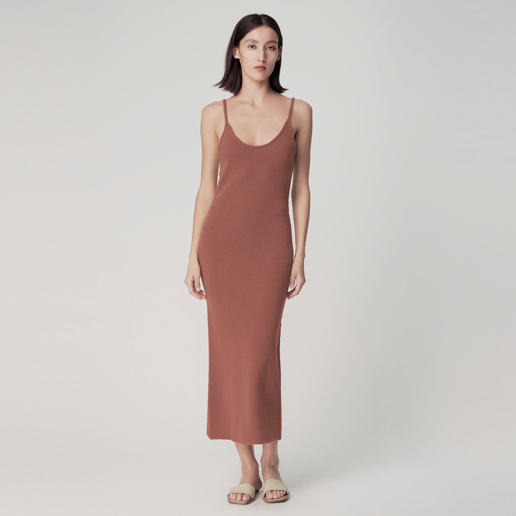 U-Neck Bouclé Knit Slip Dress,Rust