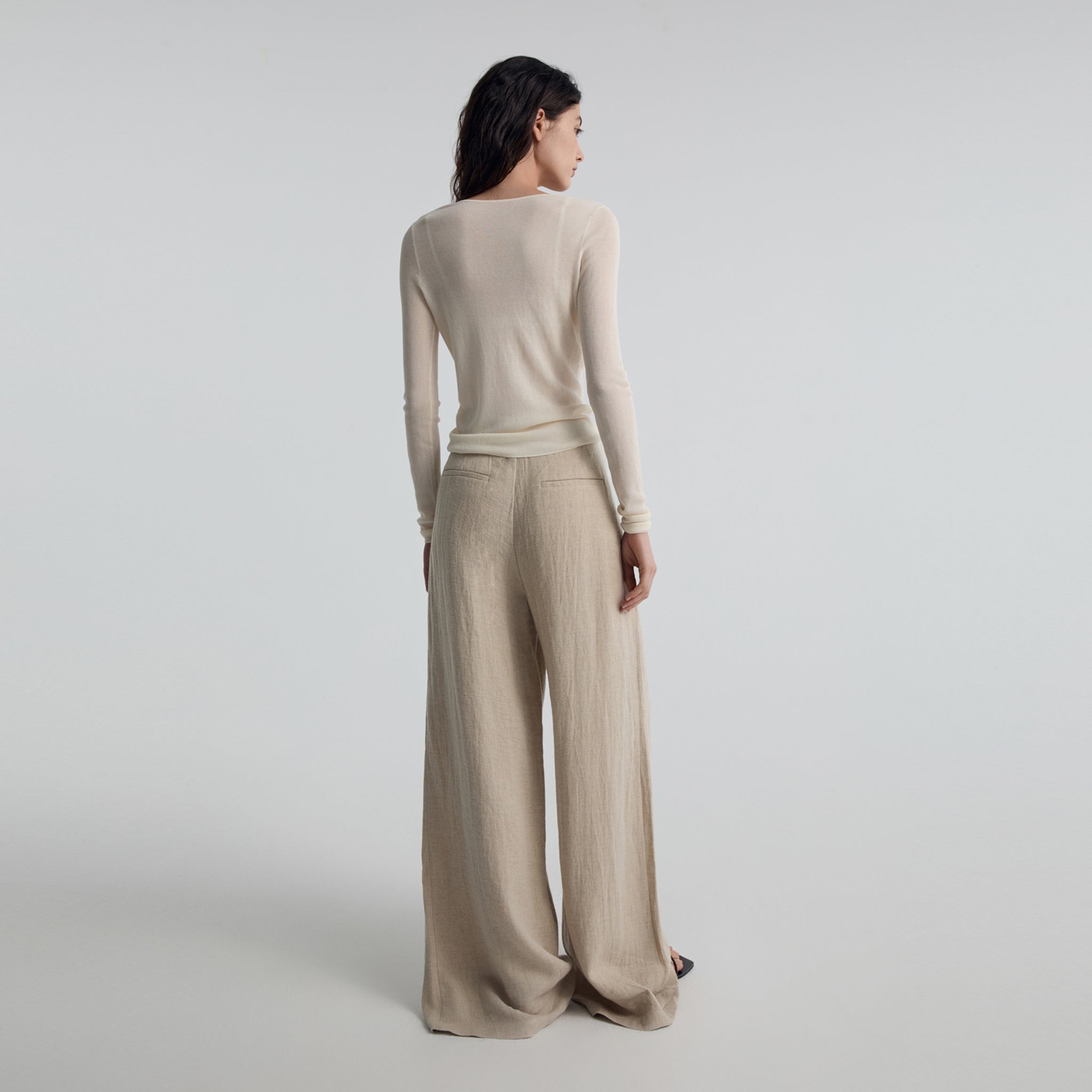 Sheer V-neck Rib Knit Pullover,Cream