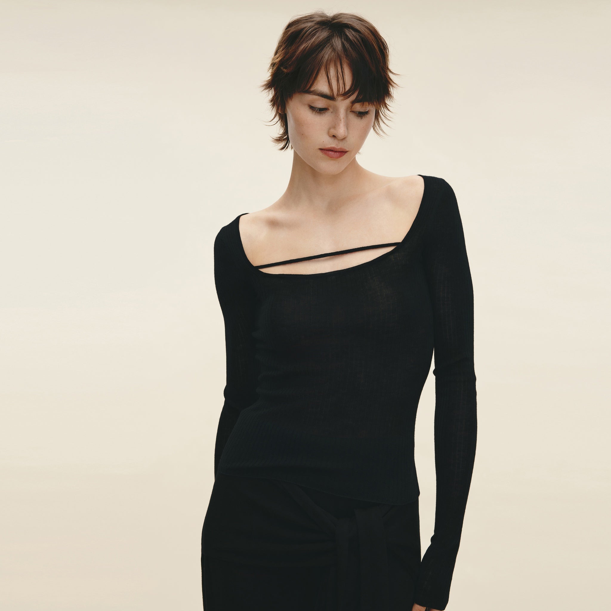 Water-soluble Wool Ribbed Square-neck Pullover,Classic Black