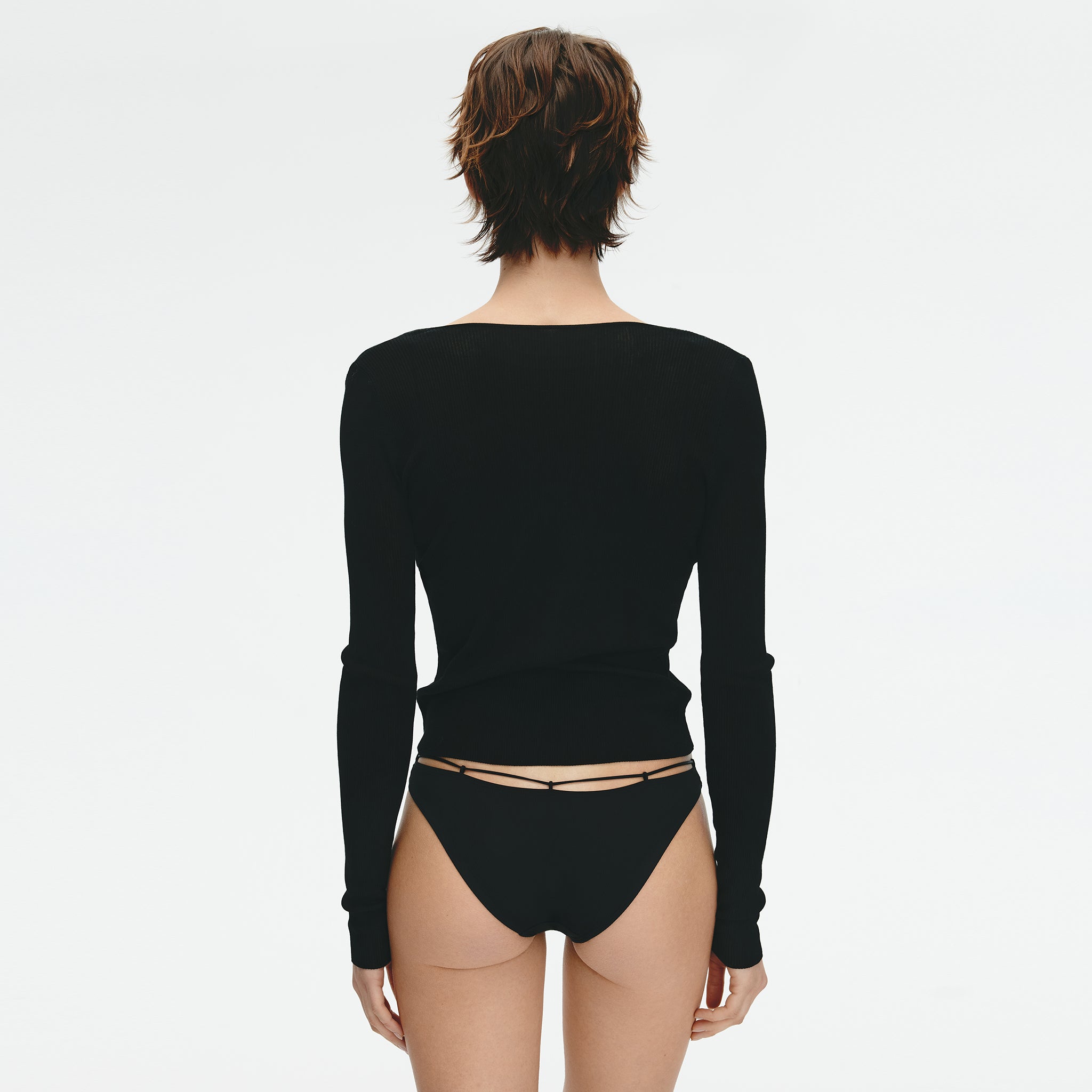 Sheer V-neck Rib Knit Pullover,Black