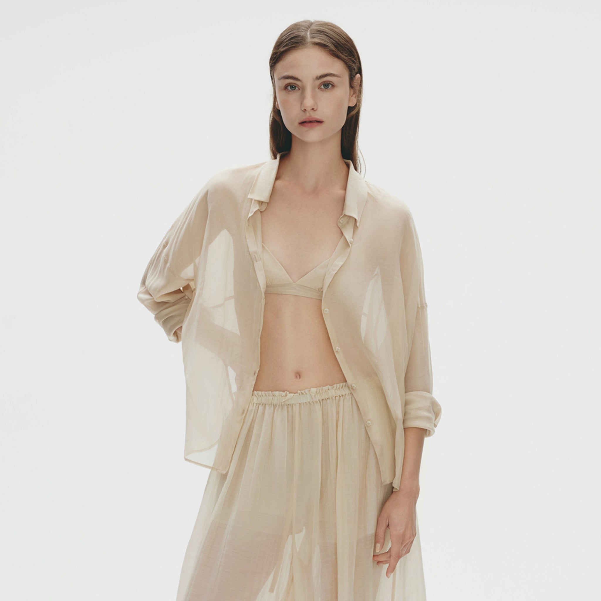 Cotton Silk Oversized Shirt,Greige