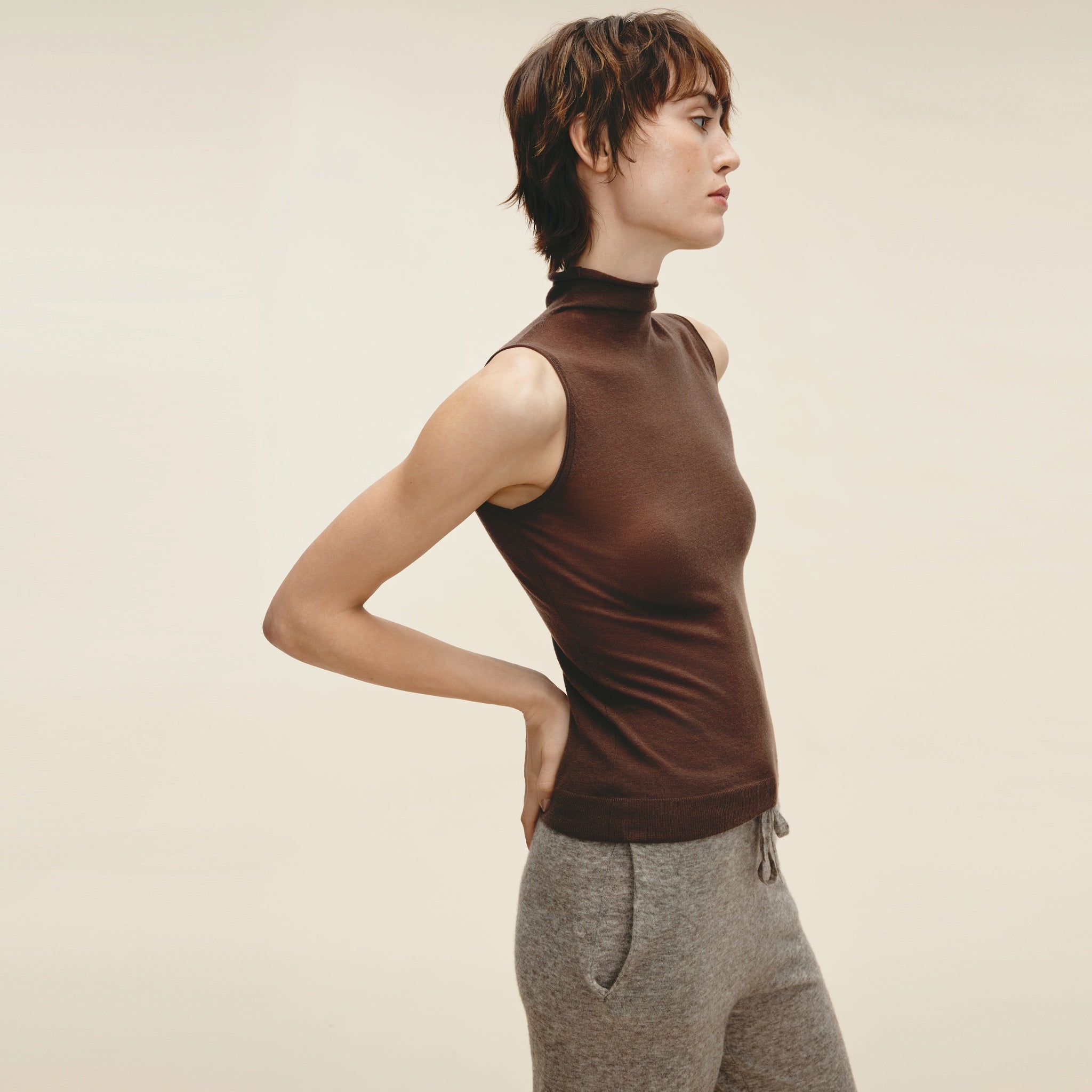Water-soluble Wool Sleeveless Turtleneck,Light Khaki