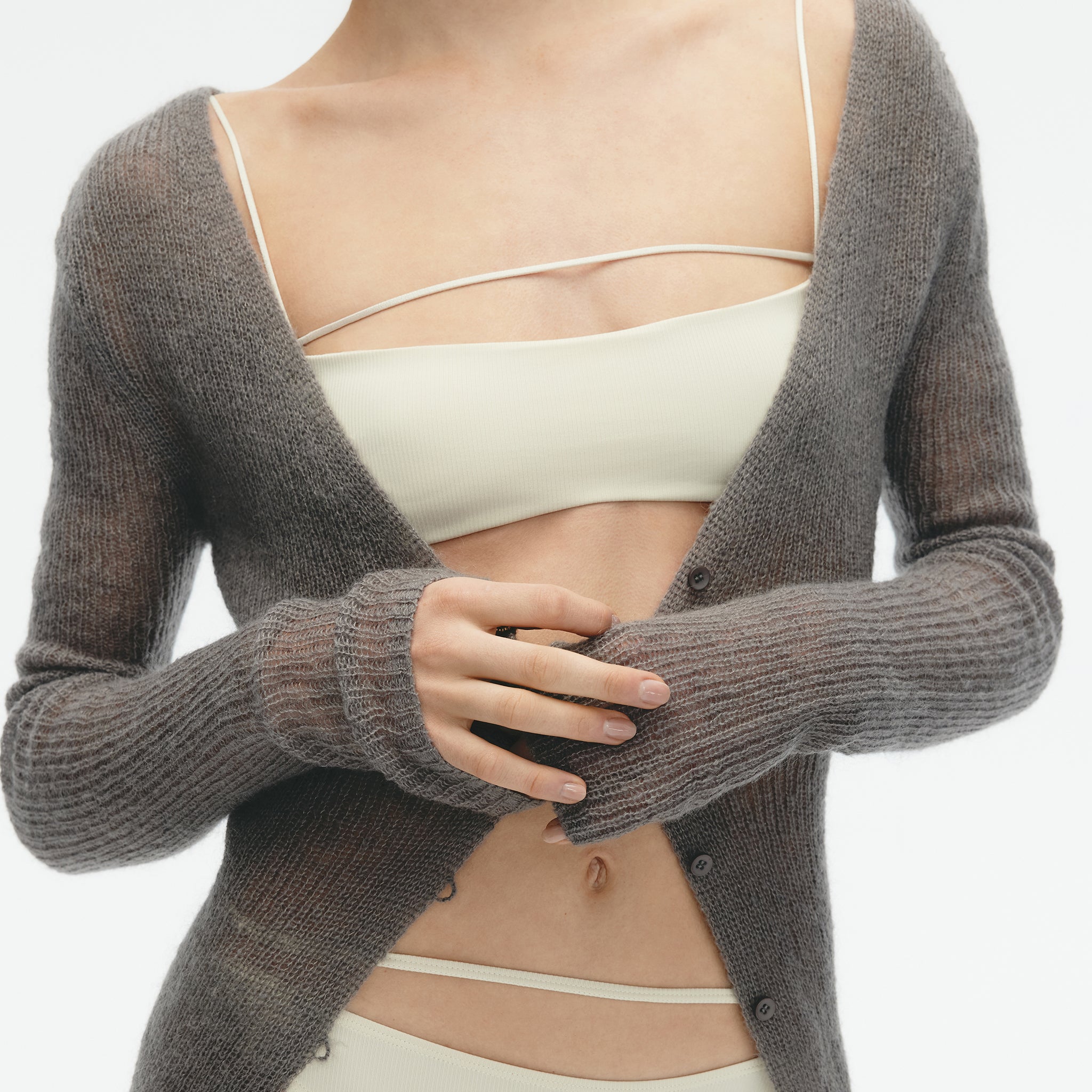Mohair Blend Deep V-neck Long-sleeved Cardigan,Dove Gray