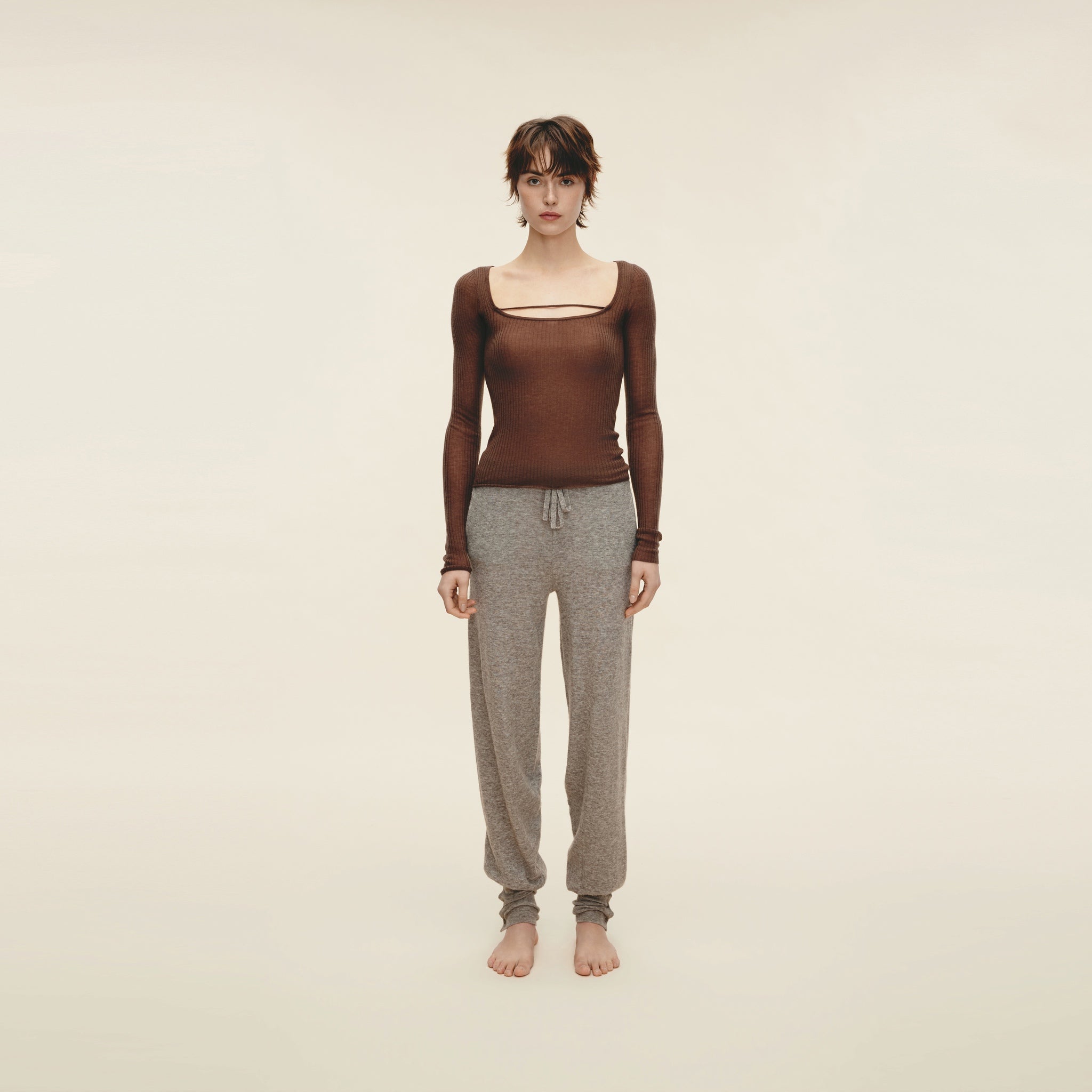 Water-soluble Wool Ribbed Square-neck Pullover,Light Khaki