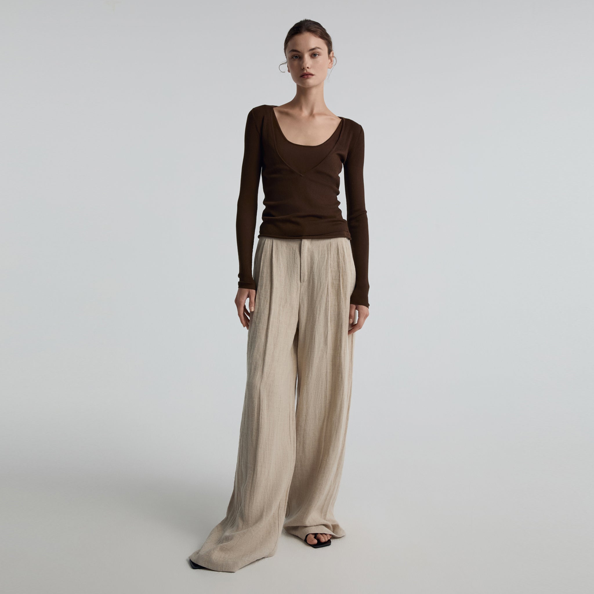 Sheer V-neck Rib Knit Pullover,Dark Brown