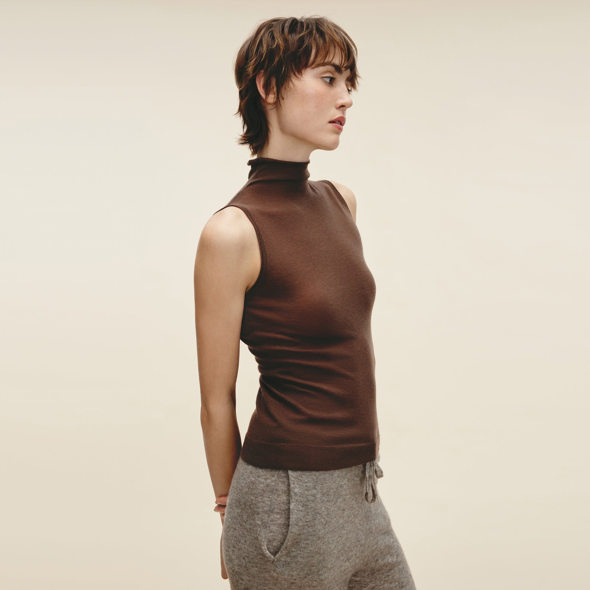 Water-soluble Wool Sleeveless Turtleneck,Light Khaki