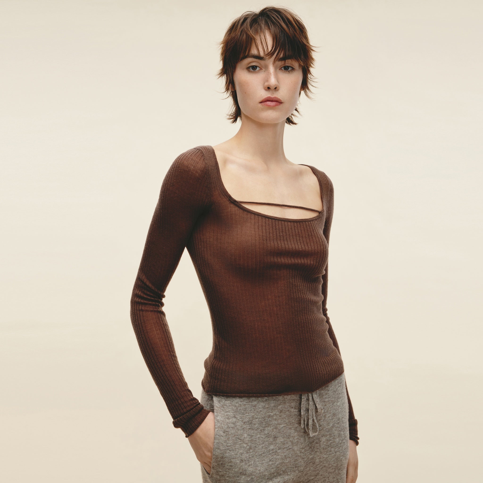 Water-soluble Wool Ribbed Square-neck Pullover,Light Khaki