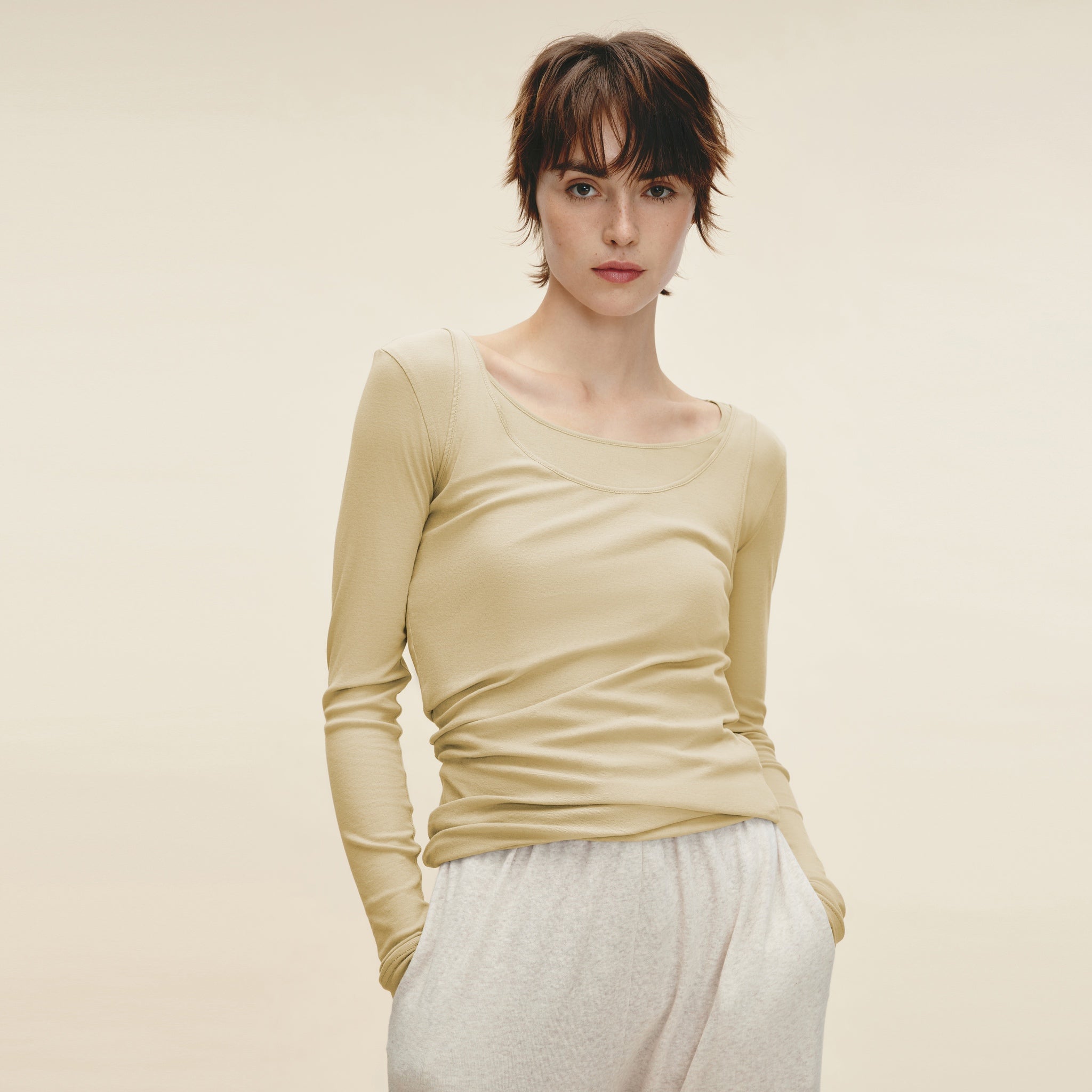 Double Layered Twisted Long-sleeve T-shirt,Vanilla White