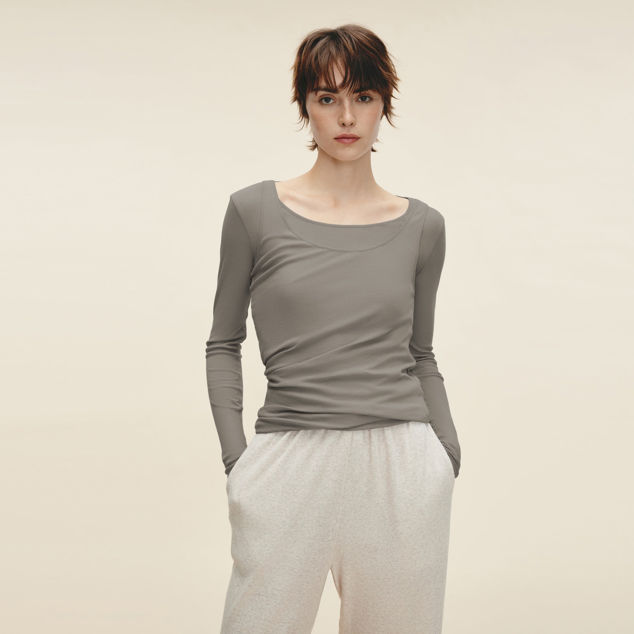 Double Layered Twisted Long-sleeve T-shirt,Moonlight Grey