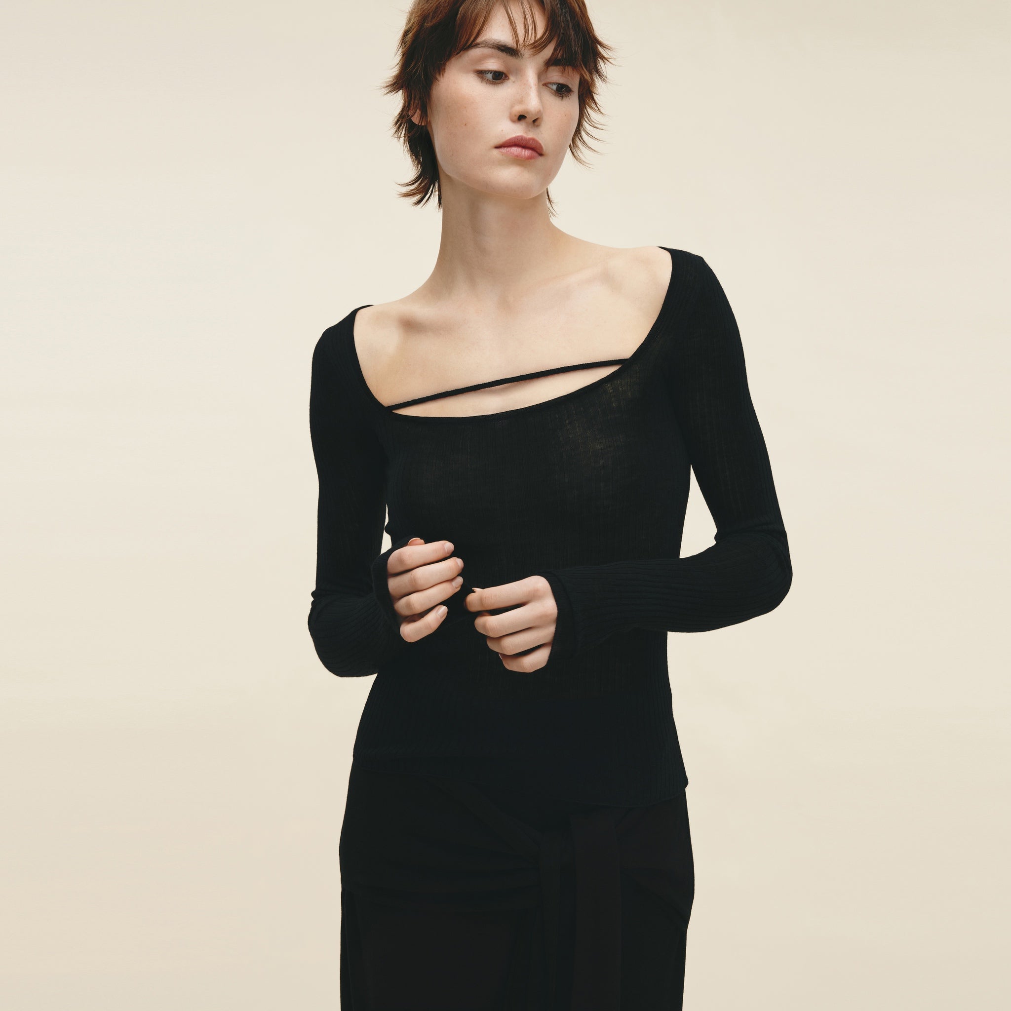 Water-soluble Wool Ribbed Square-neck Pullover,Classic Black