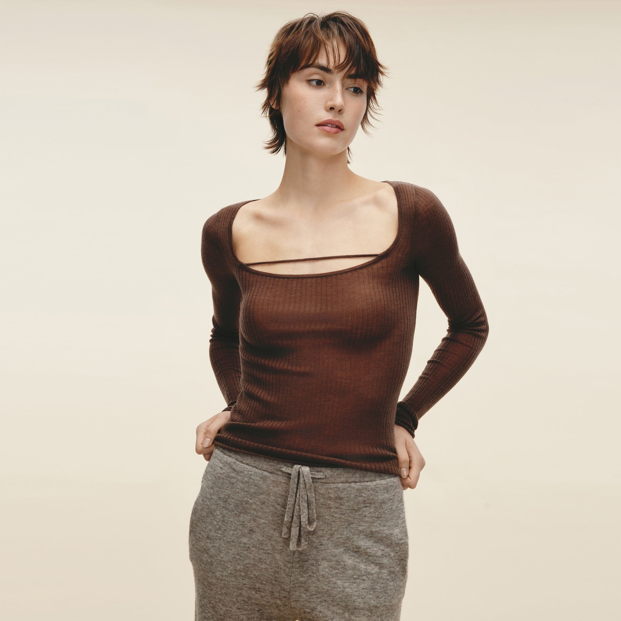 Water-soluble Wool Ribbed Square-neck Pullover,Light Khaki
