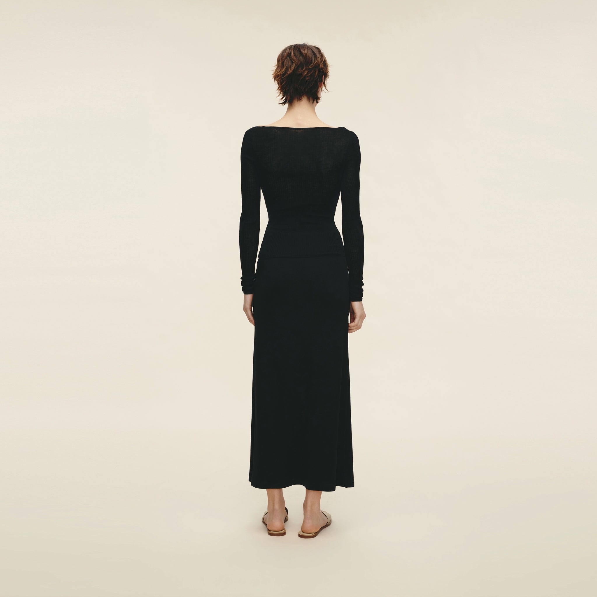 Water-soluble Wool Ribbed Square-neck Pullover,Classic Black