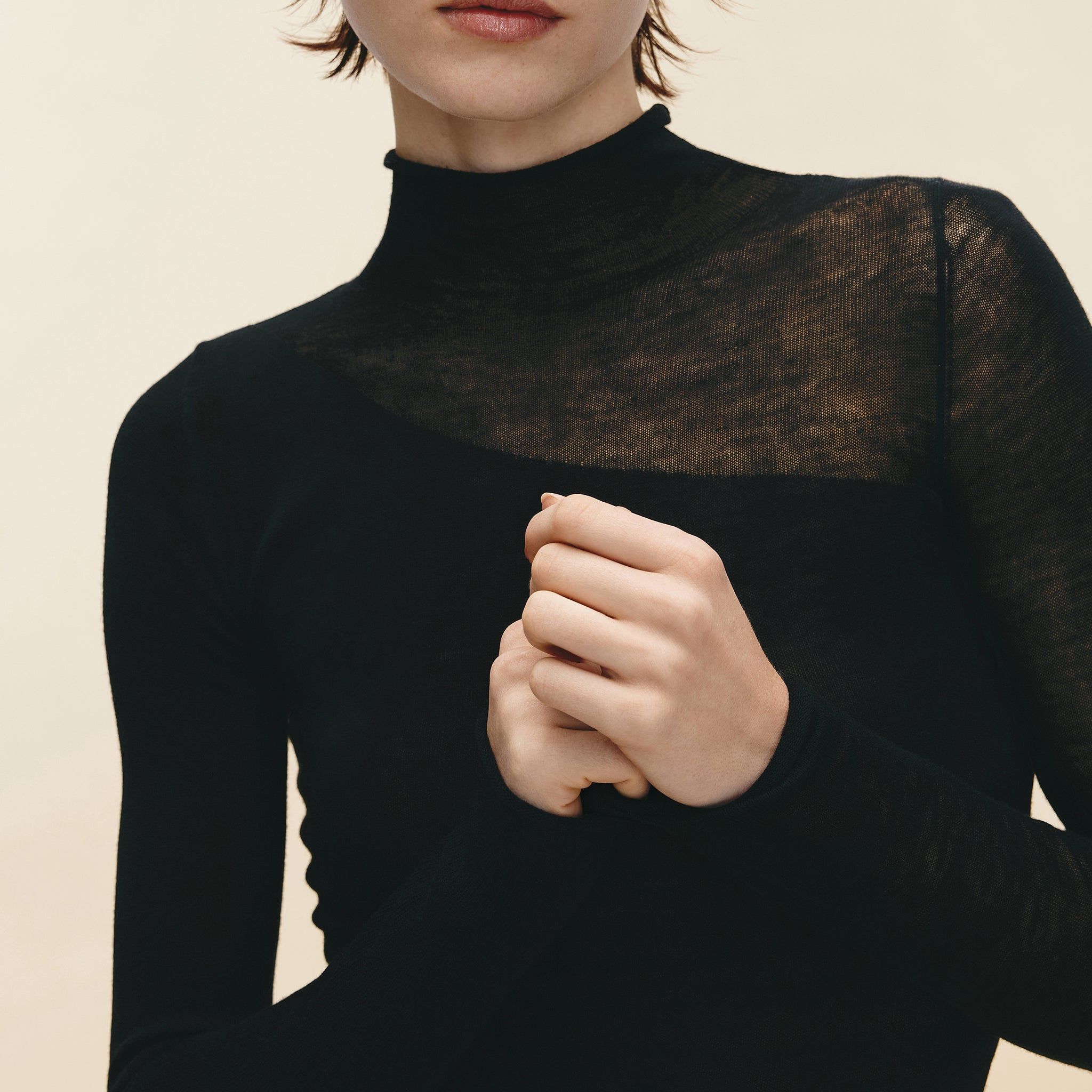Water-soluble Wool Sheer Turtleneck,Classic Black
